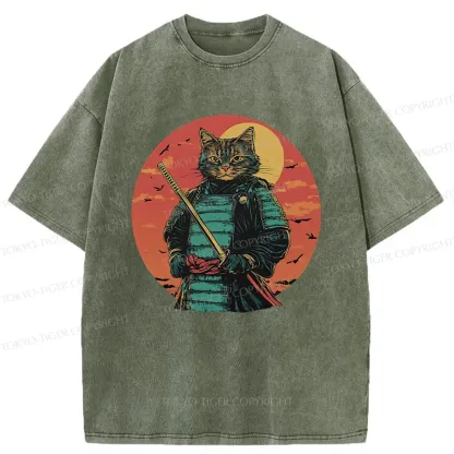 Tokyo-Tiger Handsome Cat Samurai Washed T-Shirt