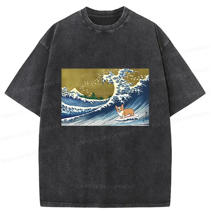 Tokyo-Tiger Corgi Surfing Washed T-Shirt