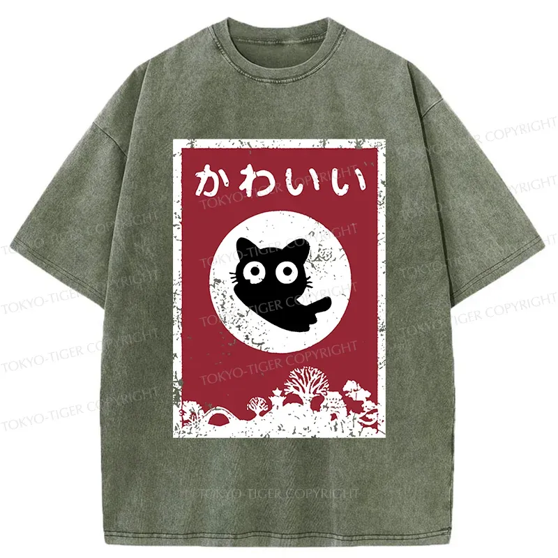 Tokyo-Tiger Cute Black Cat Washed T-Shirt