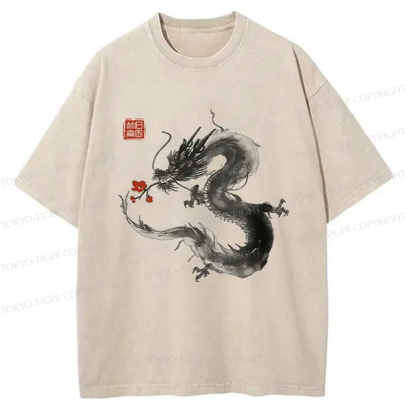 Tokyo-Tiger Dragon Holding A Flower Washed T-Shirt