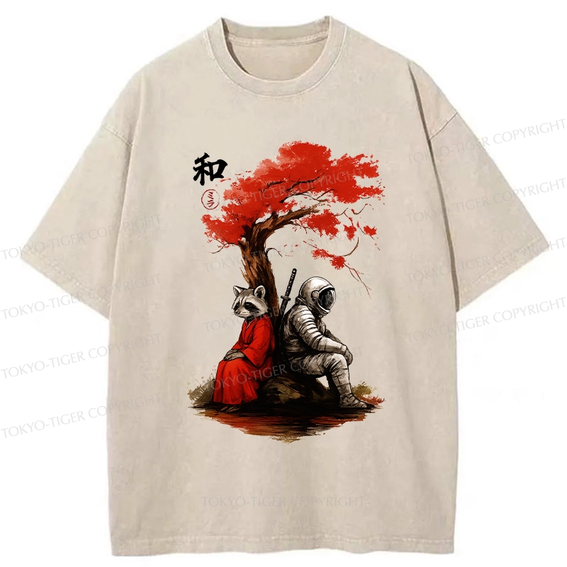 Tokyo-Tiger Raccoon And Astronaut By Tree Washed T-Shirt