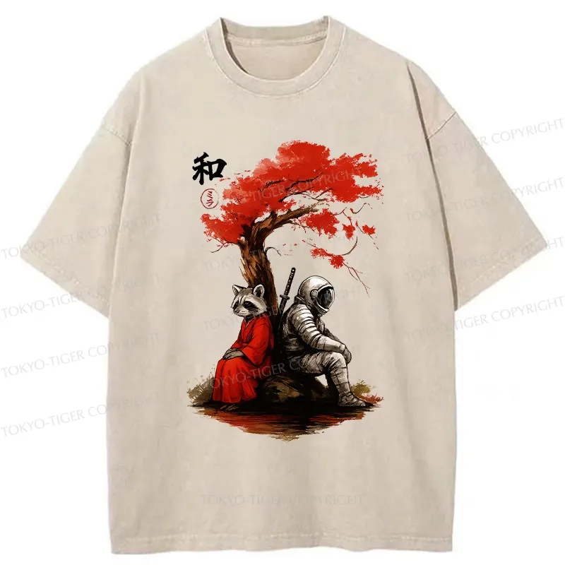 Tokyo-Tiger Raccoon And Astronaut By Tree Washed T-Shirt
