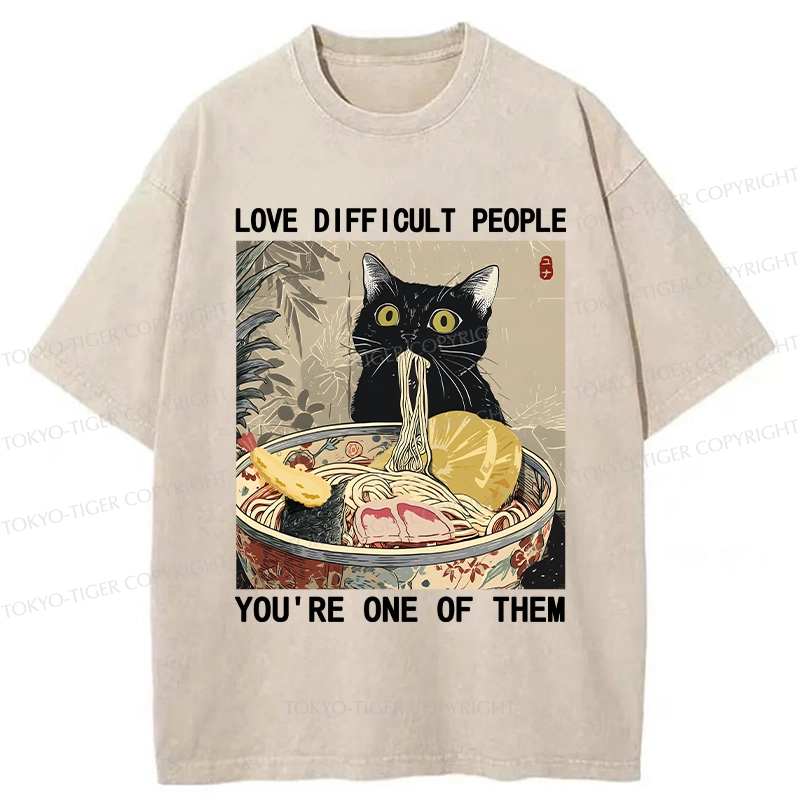 Tokyo-Tiger Kawaii Cat Eating Ramen Washed T-Shirt
