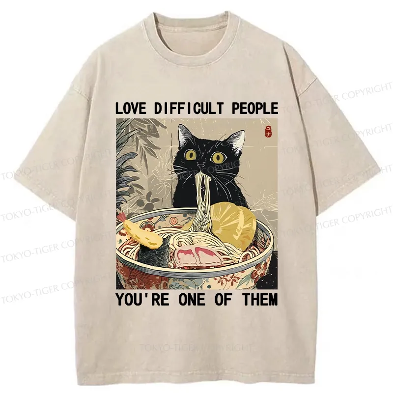 Tokyo-Tiger Kawaii Cat Eating Ramen Washed T-Shirt