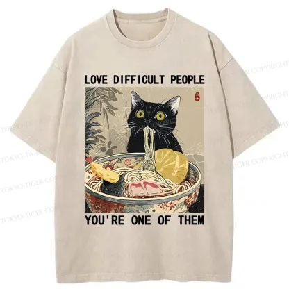 Tokyo-Tiger Kawaii Cat Eating Ramen Washed T-Shirt