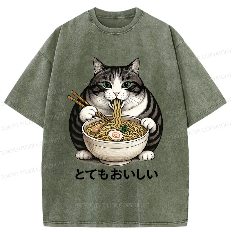 Tokyo-Tiger Fat Cat Eating Delicious Ramen Washed T-Shirt