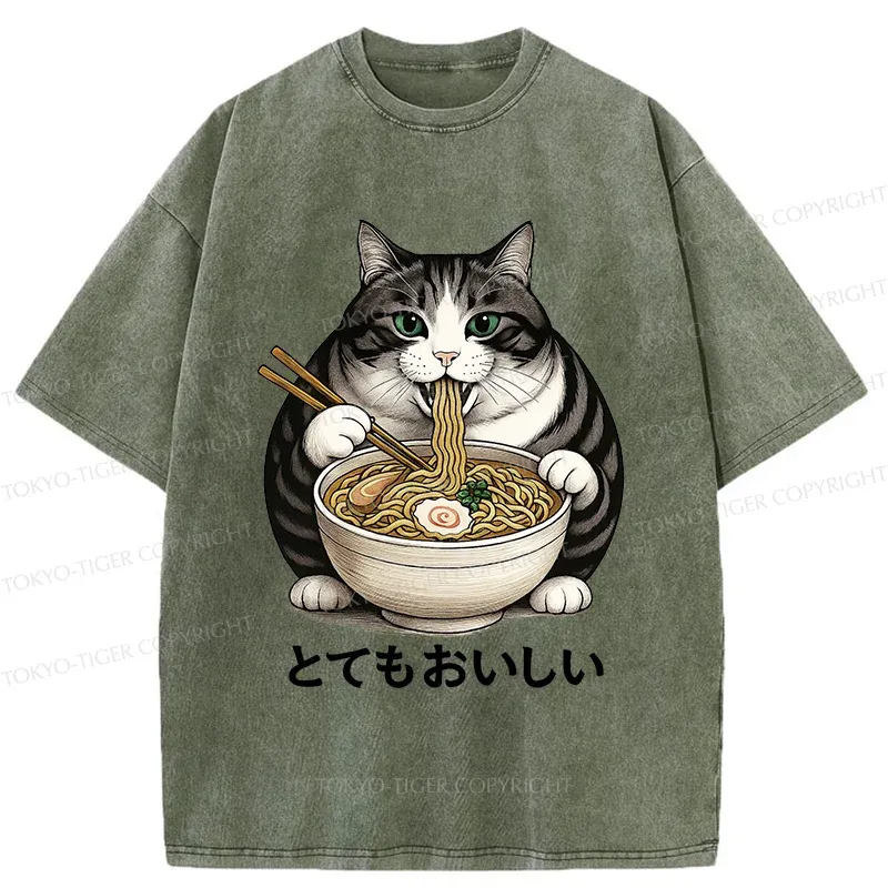 Tokyo-Tiger Fat Cat Eating Delicious Ramen Washed T-Shirt