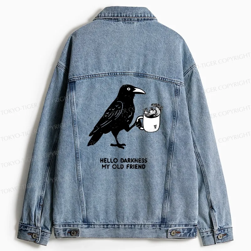 Tokyo-Tiger Crow Drinking Black Coffee Funny Jean Jacket