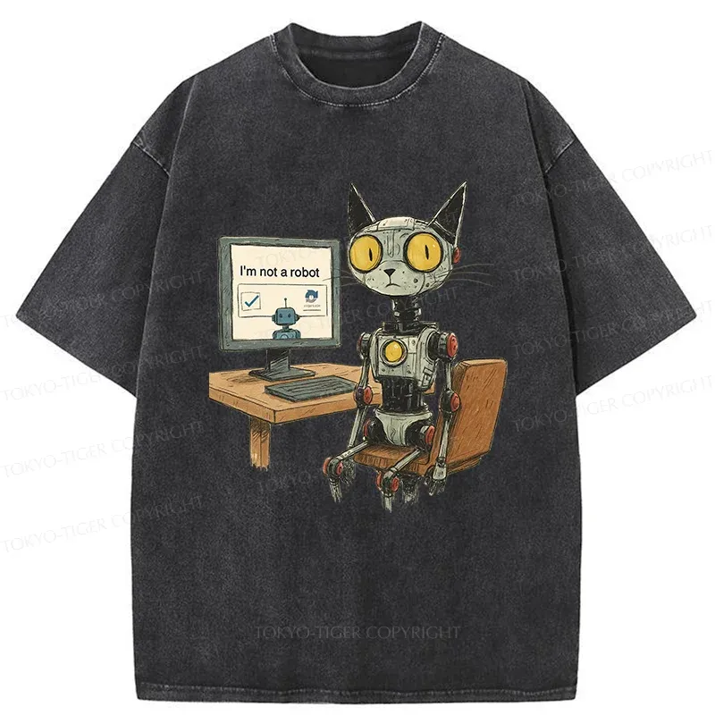 Tokyo-Tiger Robot Cat In Question Washed T-Shirt