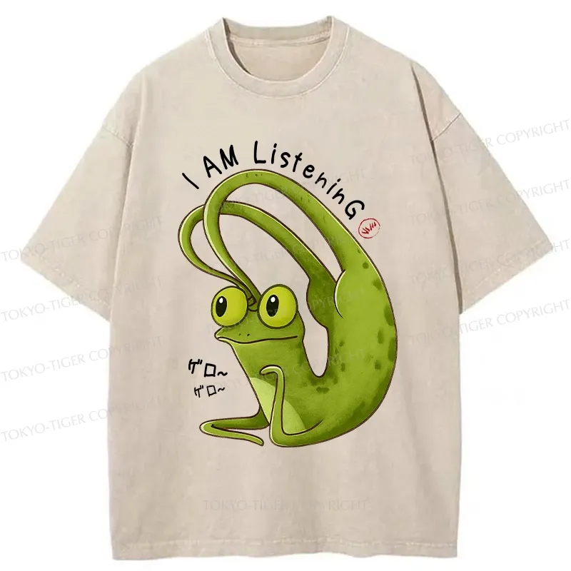 Tokyo-Tiger Funny I Am Listening Washed T-Shirt