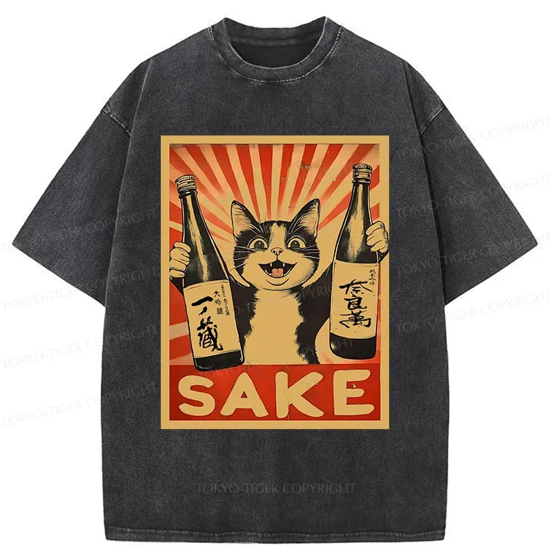 Tokyo-Tiger Cat Holding Wine Washed T-Shirt