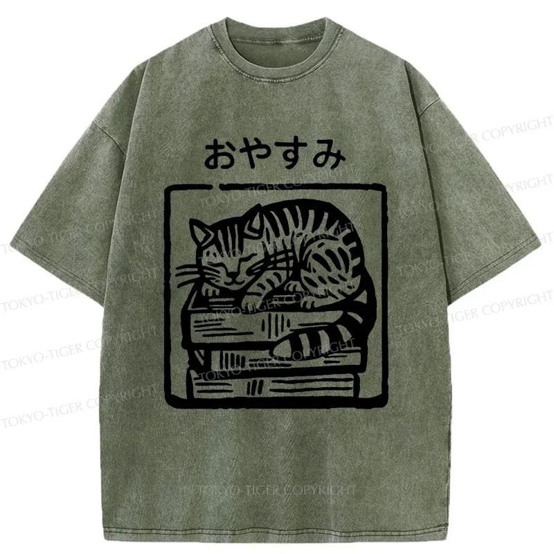Tokyo-Tiger Cat Sleeping On The Bookshelf Washed T-Shirt
