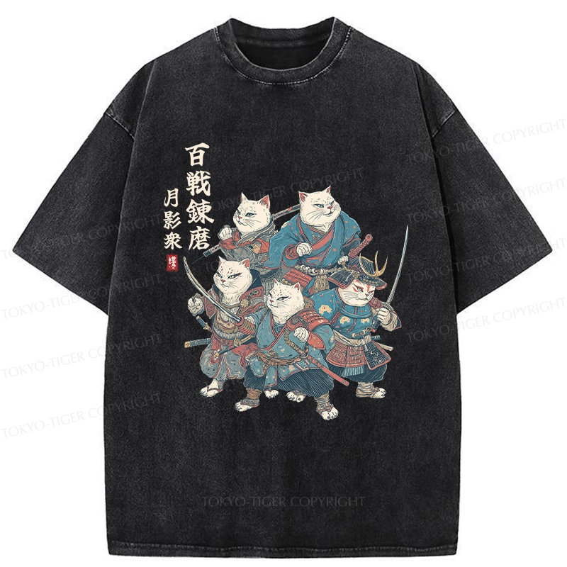 Tokyo-Tiger Five Cat Samurai Washed T-Shirt