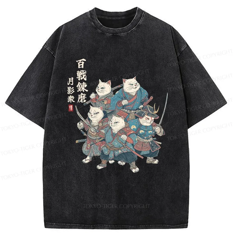 Tokyo-Tiger Five Cat Samurai Washed T-Shirt