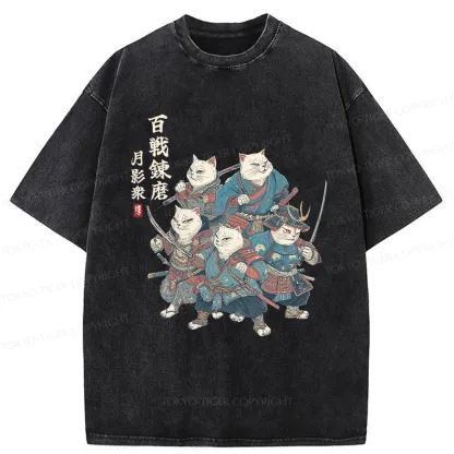 Tokyo-Tiger Five Cat Samurai Washed T-Shirt