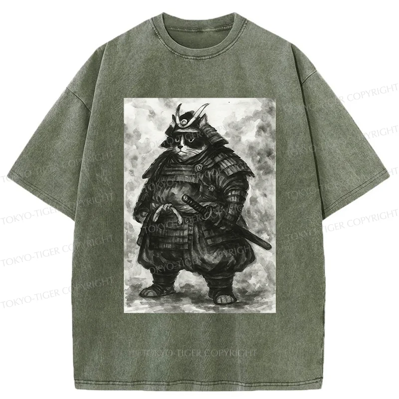 Tokyo-Tiger Strong Cat Samurai Washed T-Shirt