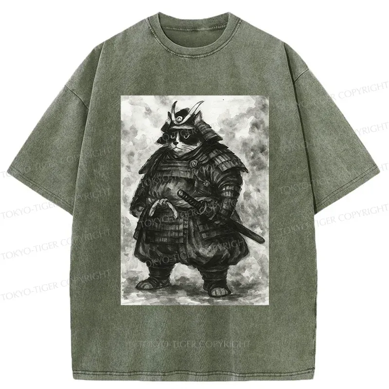 Tokyo-Tiger Strong Cat Samurai Washed T-Shirt