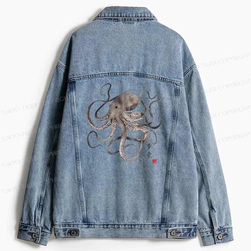 Tokyo-Tiger Octopus Japanese Calligraphy Jean Jacket