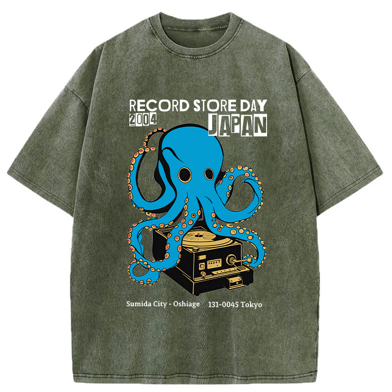 Tokyo-Tiger Japanese Octopus Records Washed T-Shirt