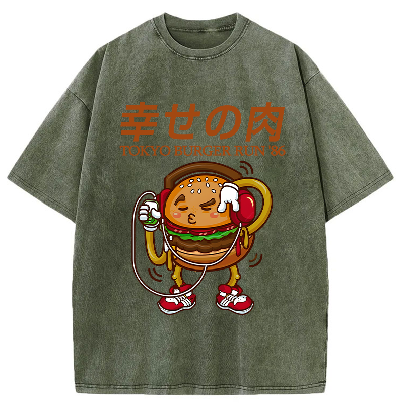 Tokyo-Tiger Funny Burger Listen To Music Washed T-Shirt