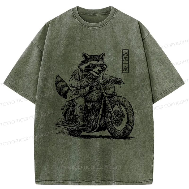 Tokyo-Tiger Raccoon Riding A Motorcycle Washed T-Shirt