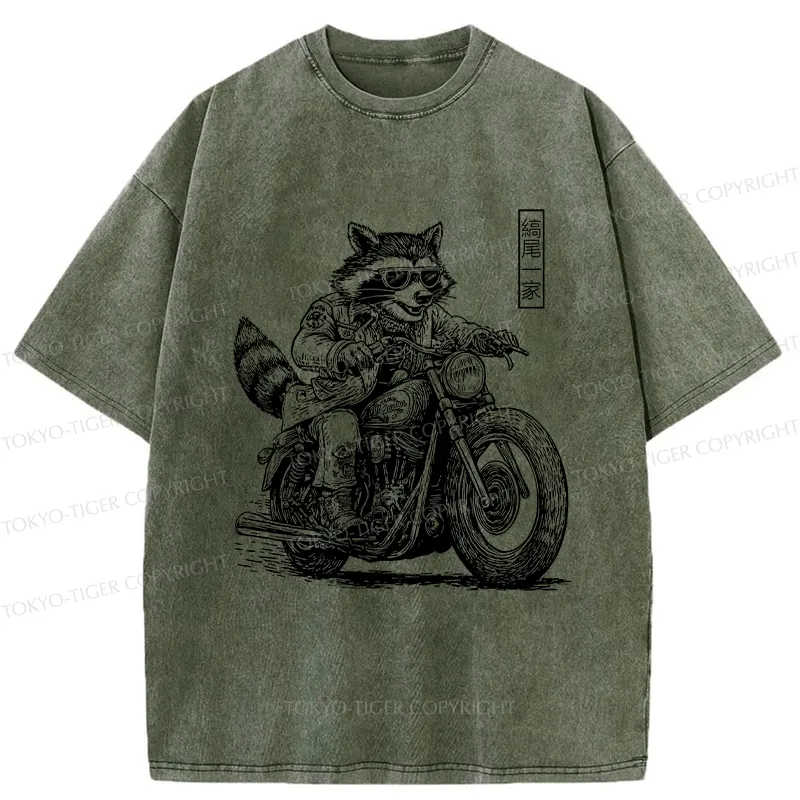 Tokyo-Tiger Raccoon Riding A Motorcycle Washed T-Shirt