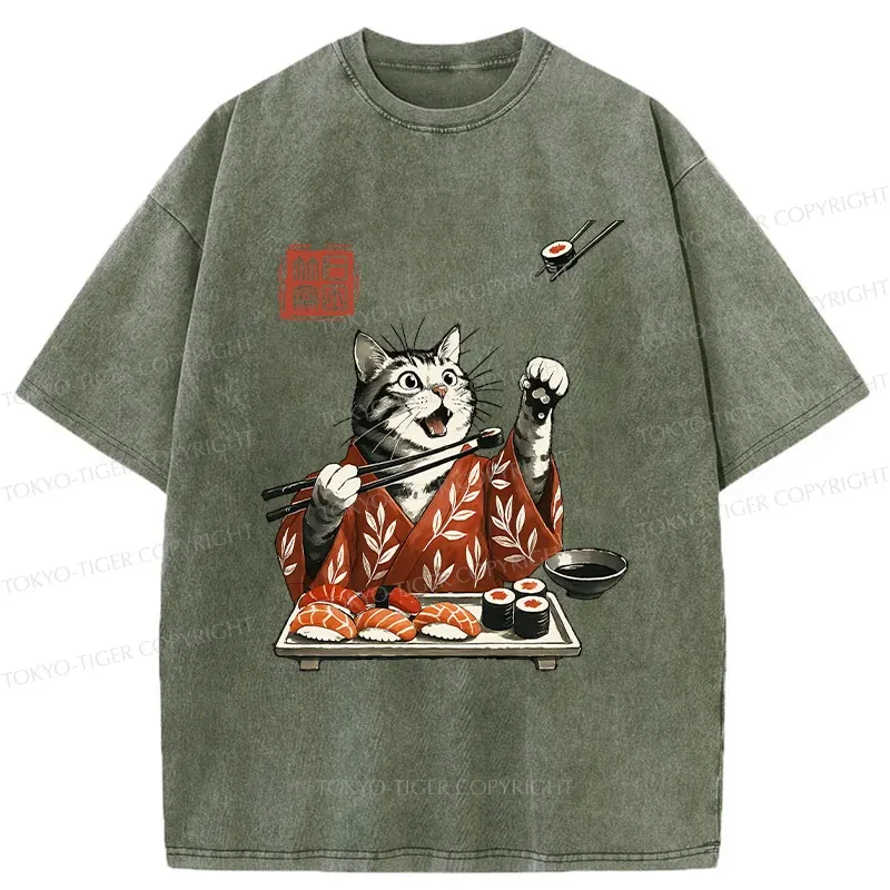 Tokyo-Tiger American Shorthair Cat Eating Sushi Washed T-Shirt