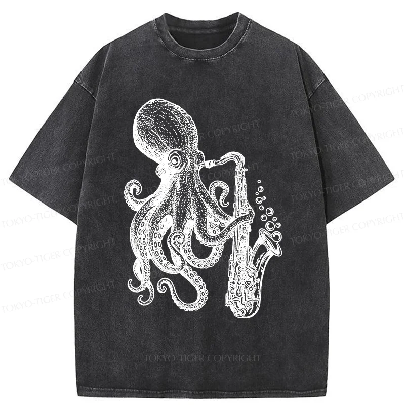 Tokyo-Tiger Octopus Playing Saxophone Washed T-Shirt