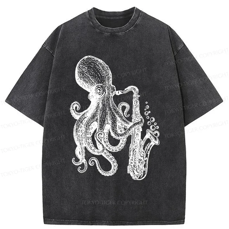 Tokyo-Tiger Octopus Playing Saxophone Washed T-Shirt