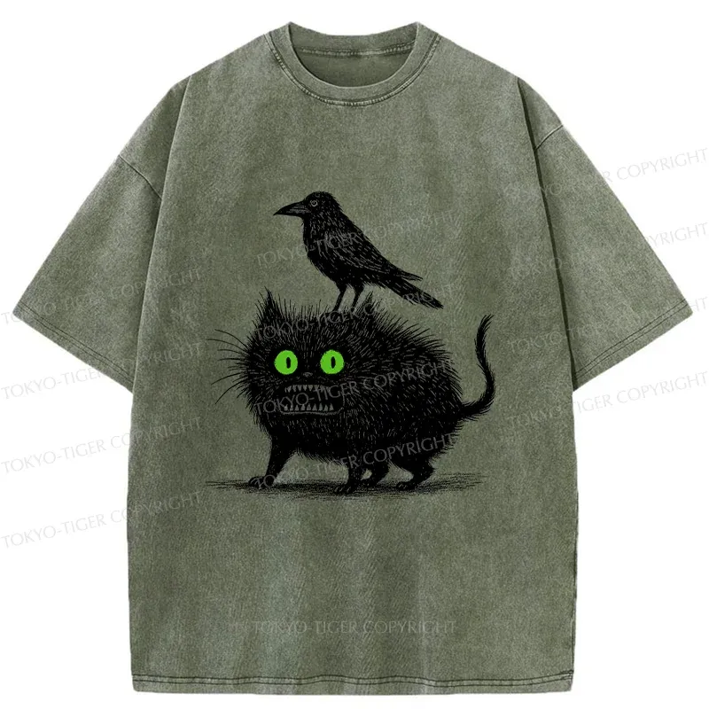 Tokyo-Tiger Crow And Black Cat Washed T-Shirt