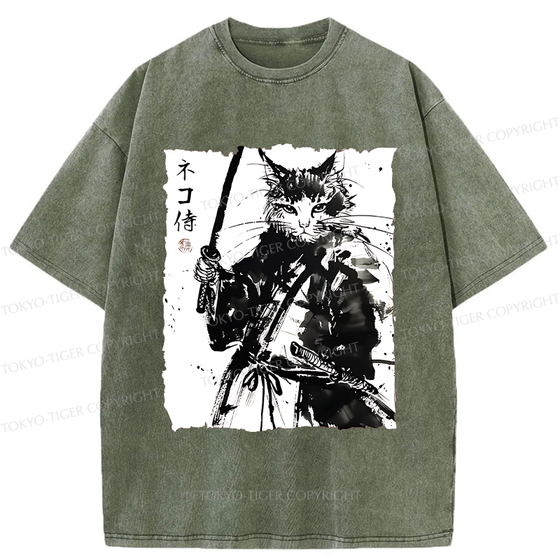 Tokyo-Tiger Ink Painting Cat Samurai Washed T-Shirt