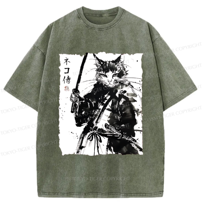 Tokyo-Tiger Ink Painting Cat Samurai Washed T-Shirt