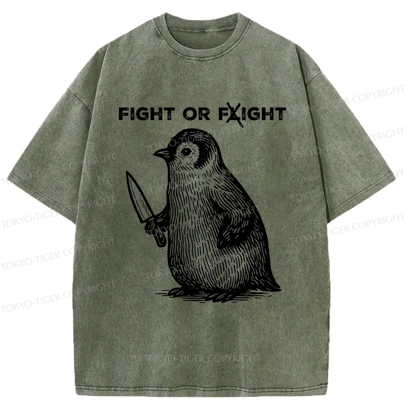 Tokyo-Tiger Funny Fight Or Flight Penguin Washed T-Shirt