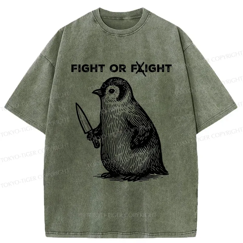 Tokyo-Tiger Funny Fight Or Flight Penguin Washed T-Shirt