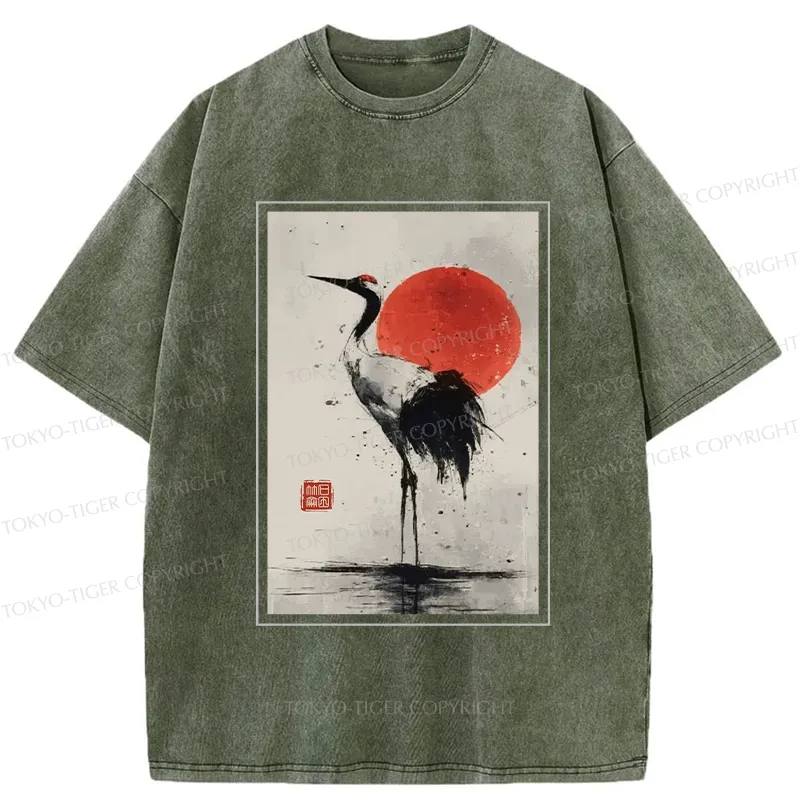 Tokyo-Tiger Retro Japanese Red-crowned Crane Washed T-Shirt