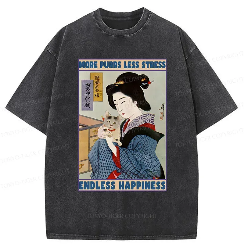 Tokyo-Tiger Geisha Teasing Cat Washed T-Shirt