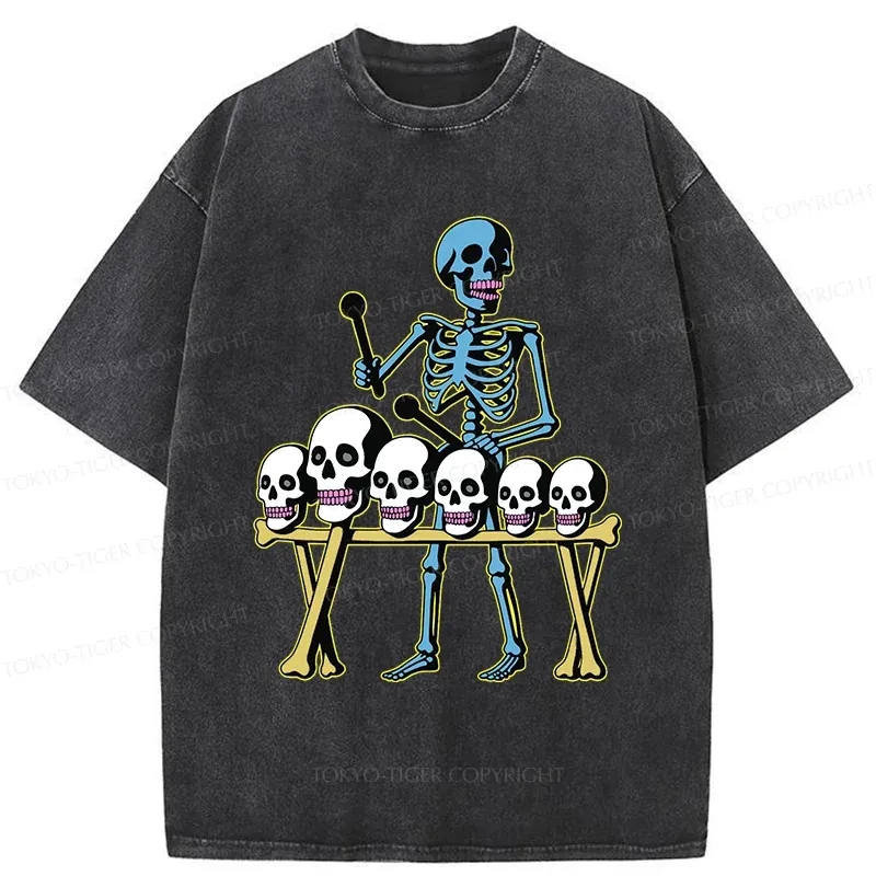 Tokyo-Tiger Skeleton Playing Bone Piano Washed T-Shirt