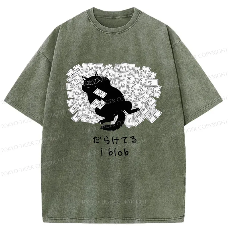 Tokyo-Tiger Cat Lying On Money Washed T-Shirt