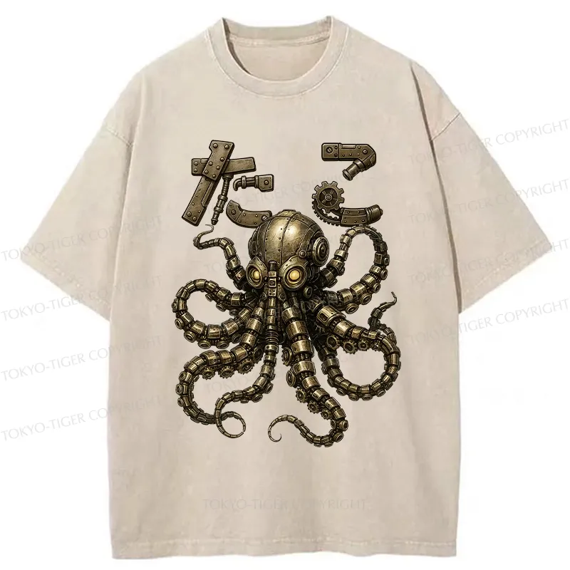 Tokyo-Tiger Mechanical Octopus Washed T-Shirt