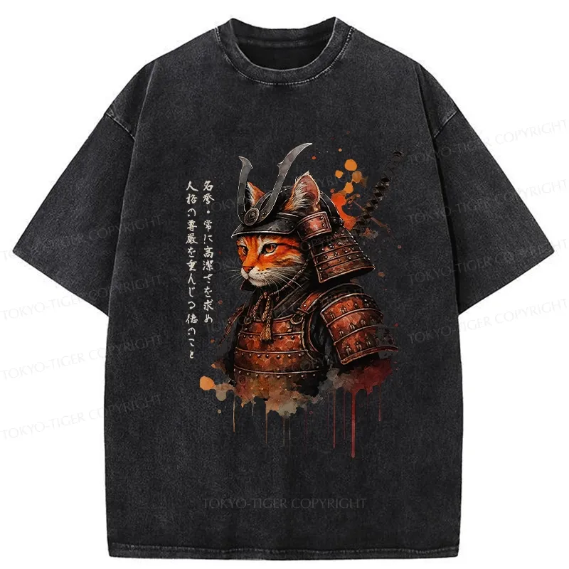 Tokyo-Tiger Vintage Samurai Cat Washed T-Shirt