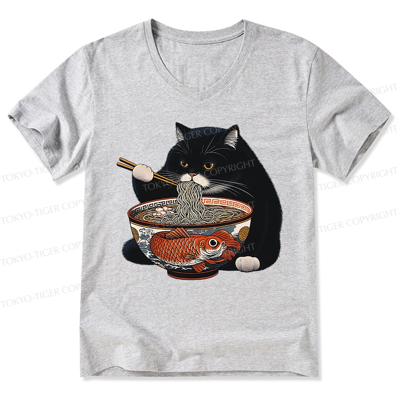 Tokyo-Tiger Fat Cat Eating Ramen V-Neck Classic T-Shirt
