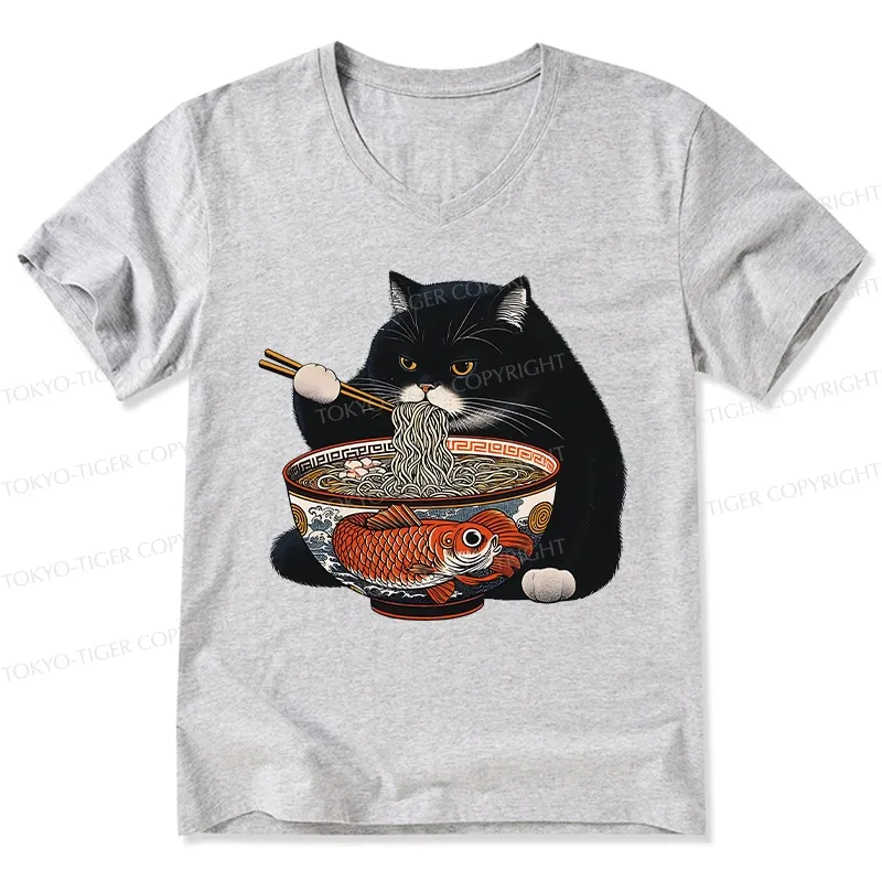 Tokyo-Tiger Fat Cat Eating Ramen V-Neck Classic T-Shirt