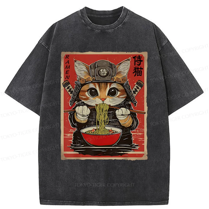 Tokyo-Tiger Samurai Cat Eating Ramen Washed T-Shirt