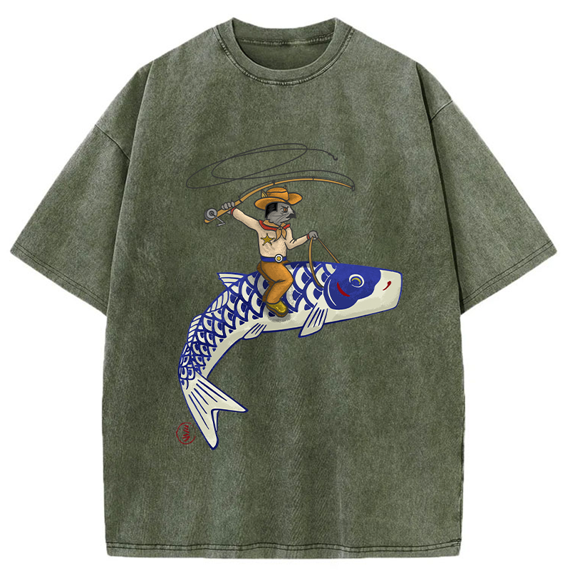 Tokyo-Tiger Cowboy Mouse Ride Fish Washed T-Shirt
