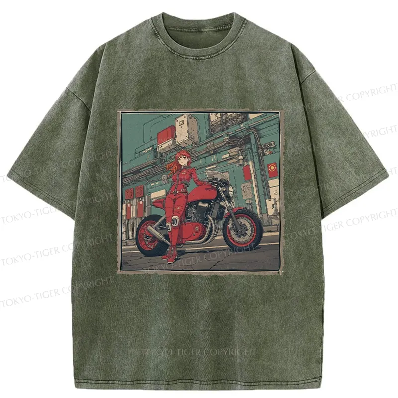 Tokyo-Tiger Cool Motorcycle Girl Washed T-Shirt