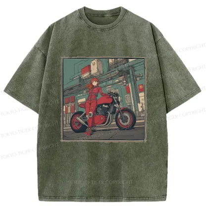 Tokyo-Tiger Cool Motorcycle Girl Washed T-Shirt