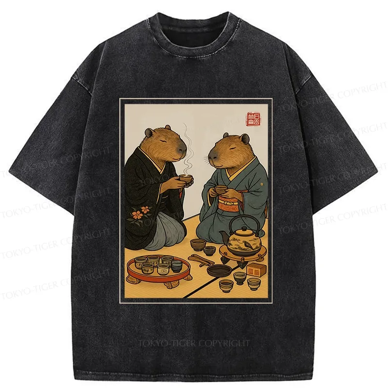 Tokyo-Tiger Capybara Tea Ceremony Washed T-Shirt