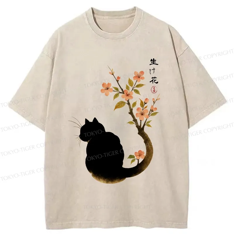 Tokyo-Tiger Retro Cat Tail Flowers Washed T-Shirt