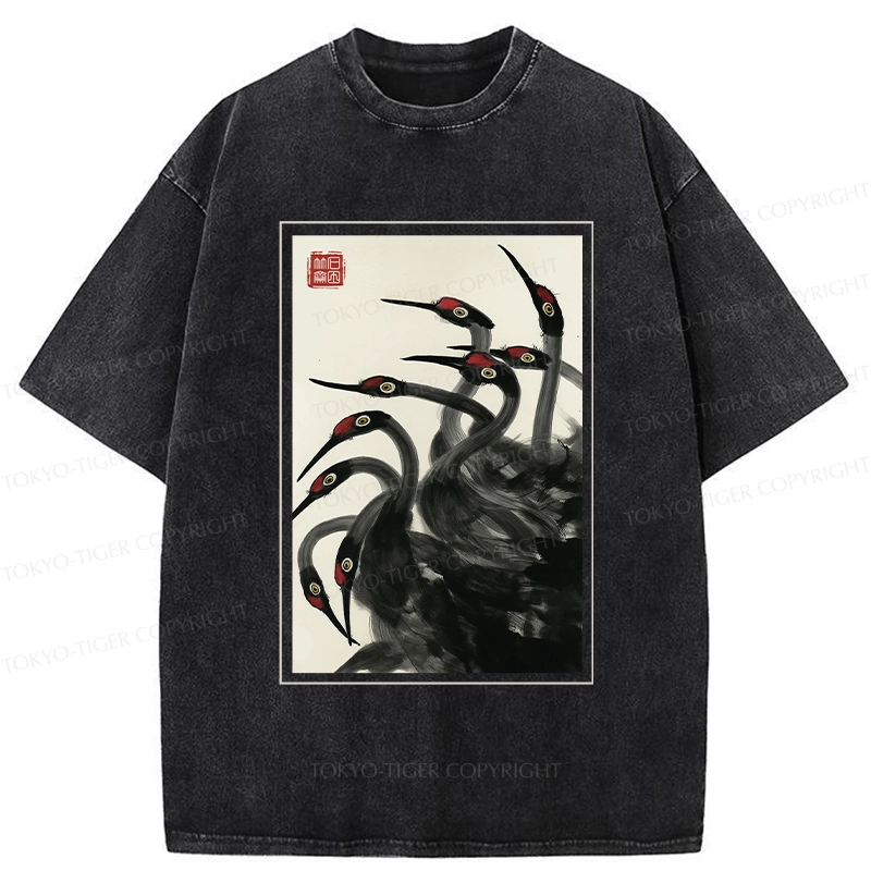 Tokyo-Tiger Retro Red Crowned Crane Washed T-Shirt
