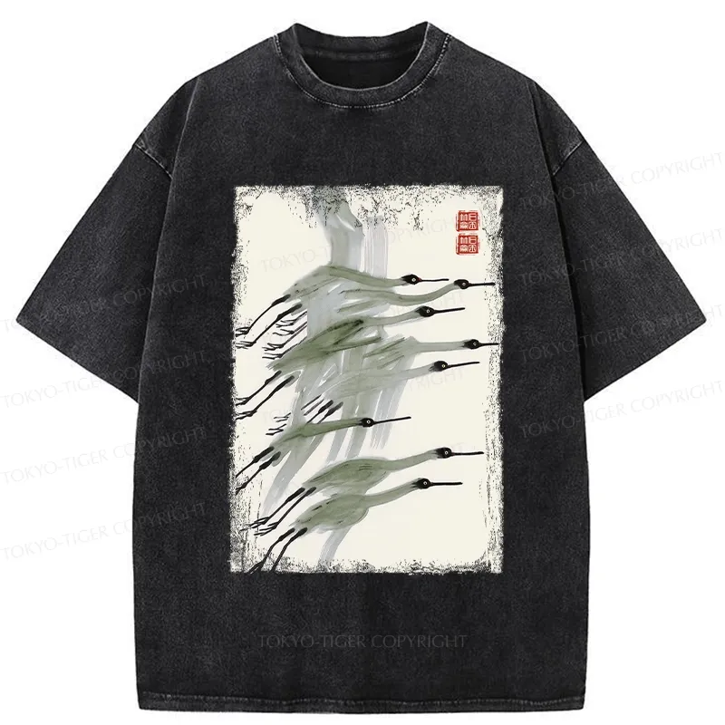 Tokyo-Tiger Flock of Cranes in Flight Washed T-Shirt